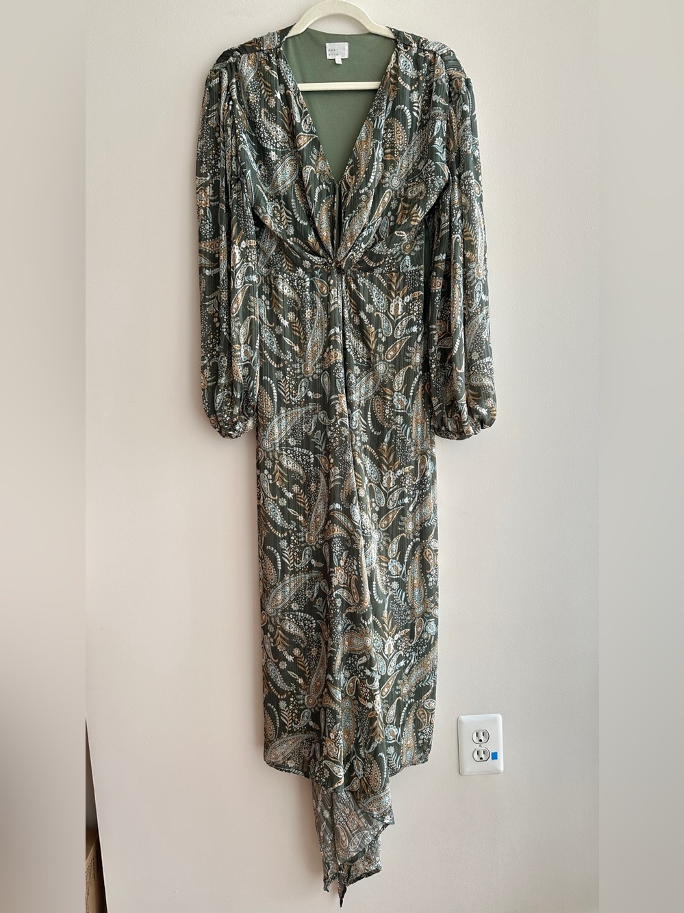 Dee Elly Twist Front Maxi Dress, Green Paisley, Long Sleeve Dress, Small
